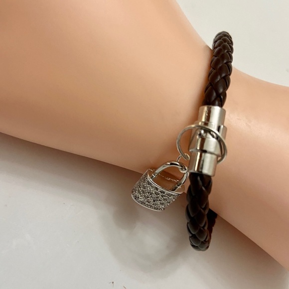Brown Braided Leather Bracelet with Padlock Charm - Picture 3 of 12